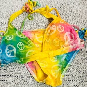 Colorful Tie-Dye Bikini with Peace Symbols - Medium